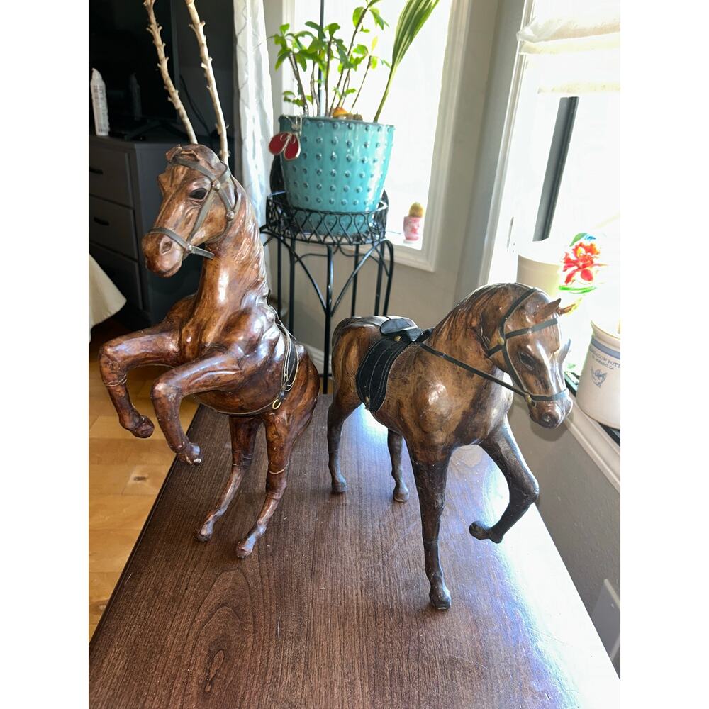 2 Vintage Leather Wrapped Horse Figurines Figures Statue Sculpture Western